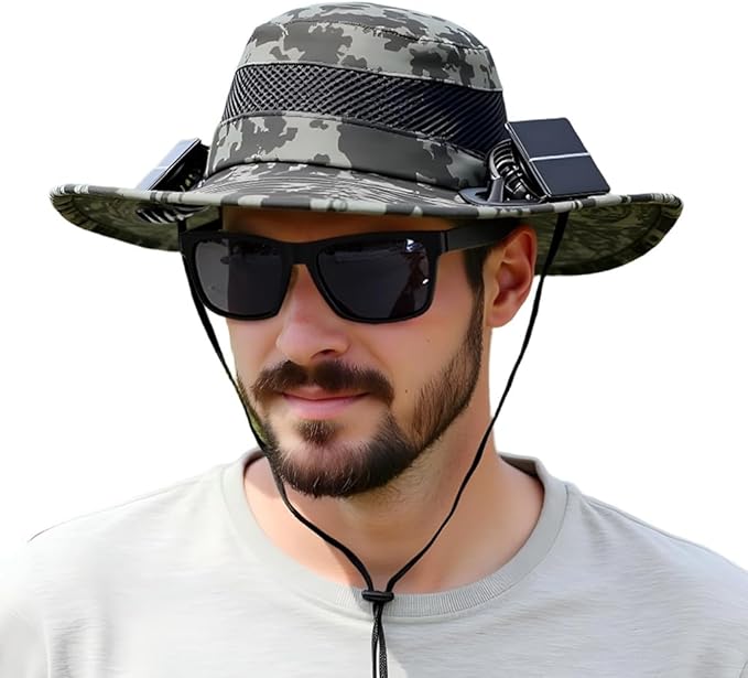 Wide Brim Solar Fan Hat, Hat with Solar Fans Built in, Large Fishing Hat with Fans for Men, for Outdoor Hiking Camping Fishing Garden, UPF 50+ Sun Breathable,Dark Gray Camouflage