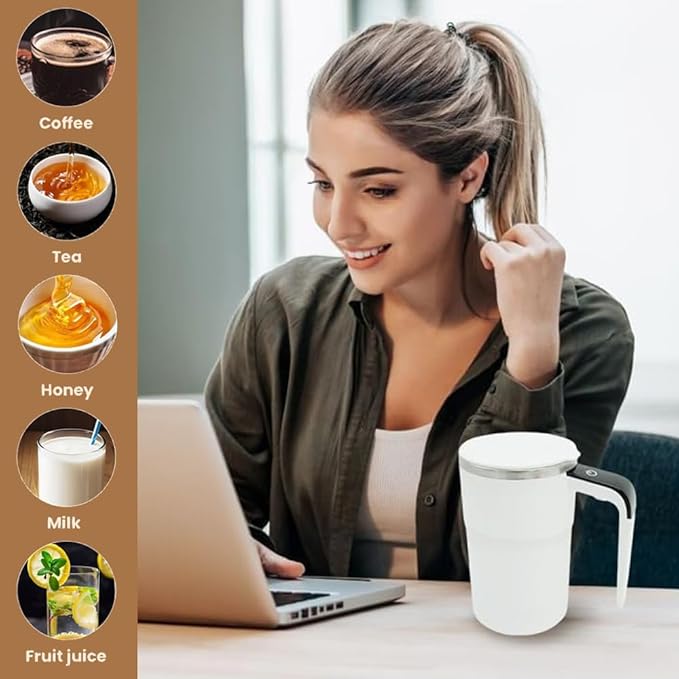 Rechargeable Automatic Magnetic Stirring Mug with Temperature Display, Self Stirring Coffee Cup for Home Office Travel, White with Detachable Stir Bar (White)