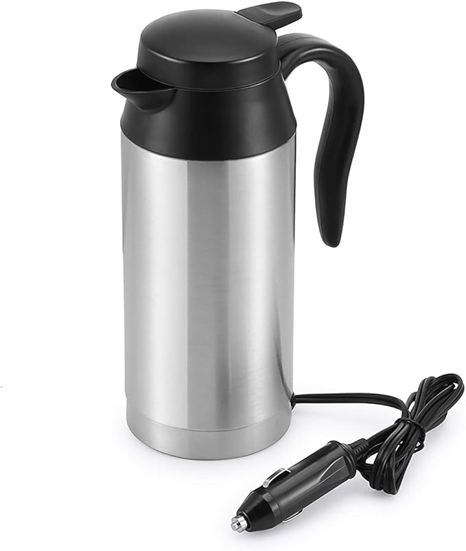 12V Car Kettle Boiler - 650ml Travel Kettle Car Water Heater Stainless Steel Car Coffee Cup Warmer Hot Water Maker with DC 12V Charger Electric Kettle for Car, Silver, A-1914218