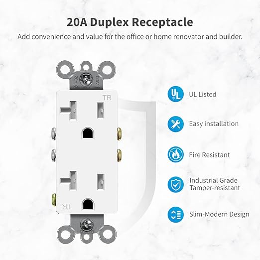 Micmi Decorator Receptacle Outlet, Standard Electrical Wall Tamper Resistant Decorative Receptacle Outlet, 20 Amp 125 Volt, Grounding UL Listed (10Pack, White, 20 Amp Outlet)