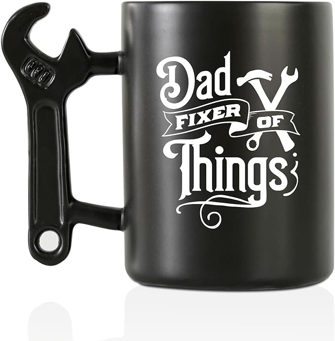 Onebttl Dad Gifts Coffee Mug with Wrench Spanner Handle, Gifts for Dad from Daughter and Son, 13.5oz Funny Ceramic Mug for Father on Birthday, Father's Day, Christmas - Fixer of Things