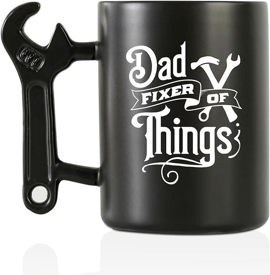 Onebttl Dad Gifts Coffee Mug with Wrench Spanner Handle, Gifts for Dad from Daughter and Son, 13.5oz Funny Ceramic Mug for Father on Birthday, Father's Day, Christmas - Fixer of Things