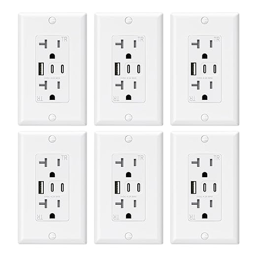 ELEGRP USB Outlets, 20 Amp Wall Outlet with 3 USB Ports, Dual USB C Ports Outlets, TR Tamper-Resistant USB Outlets Receptacles, Wall Plate Included, UL/CUL Listed, 6 Pack, White