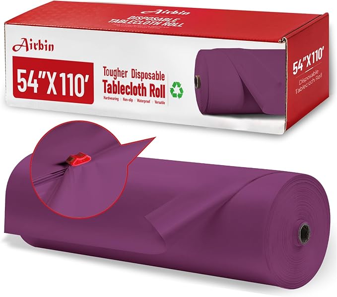 Plastic Table Cloth, 110 Ft X 54 in Plastic Table Cloth Disposable Purple Tablecloth with Any Cut Sliding Cutters Premium PEVA Disposable Tablecloth for Picnics, Parties, Birthdays, Festivals