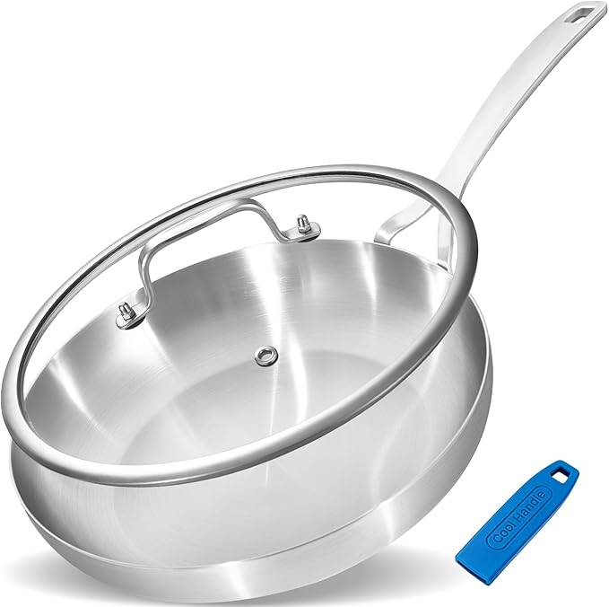 Inqibee 12 Inch Tri-Ply Stainless Steel Frying Pan with Lid, Skillet, Chef's Pan, Induction Cooking Pan, All Cooktops, Dishwasher Safe and Detachable Handle
