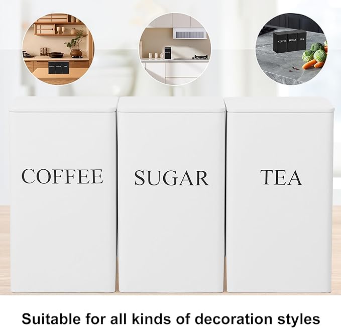 3Pcs Tea Coffee Sugar Canisters Set, Metal Coffee and Sugar Containers, Versatile Kitchen Storage Jars with Airtight Lids, Space Saving Food Canisters Set for Home Kitchen (White)