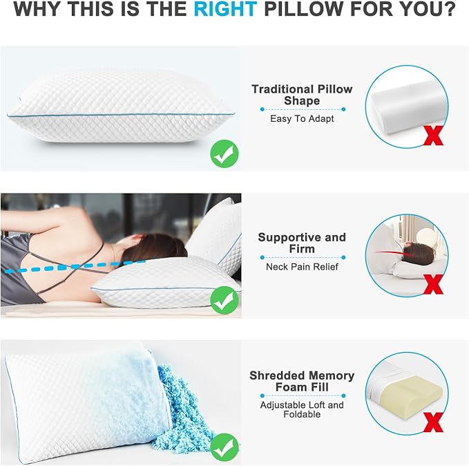 VVZ Cooling Bed Pillows King Size Set of 4, Shredded Memory Foam Pillows for Side Back Stomach Sleepers, Luxury Cool Gel Adjustable Firm Bed Pillows for Sleeping 4 Pack King Size 20 x 36 Inches