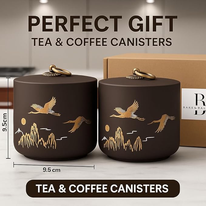 Bare & Balanced Ceramic Canister with Airtight Lid – Premium Kitchen Storage Jar | Crane & Mountain Design | Storage for Dry Goods | Gift-Ready Box
