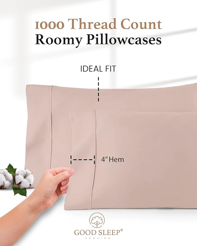 1000 TC Blush Standard Pillowcases Set of 2 100% Egyptian Cotton Pillow Cases with Long Staple Cotton & Sateen Weave, Silky Soft Hotel - Like Bed Pillow Covers for Comfy Sleeping, Snug Fit