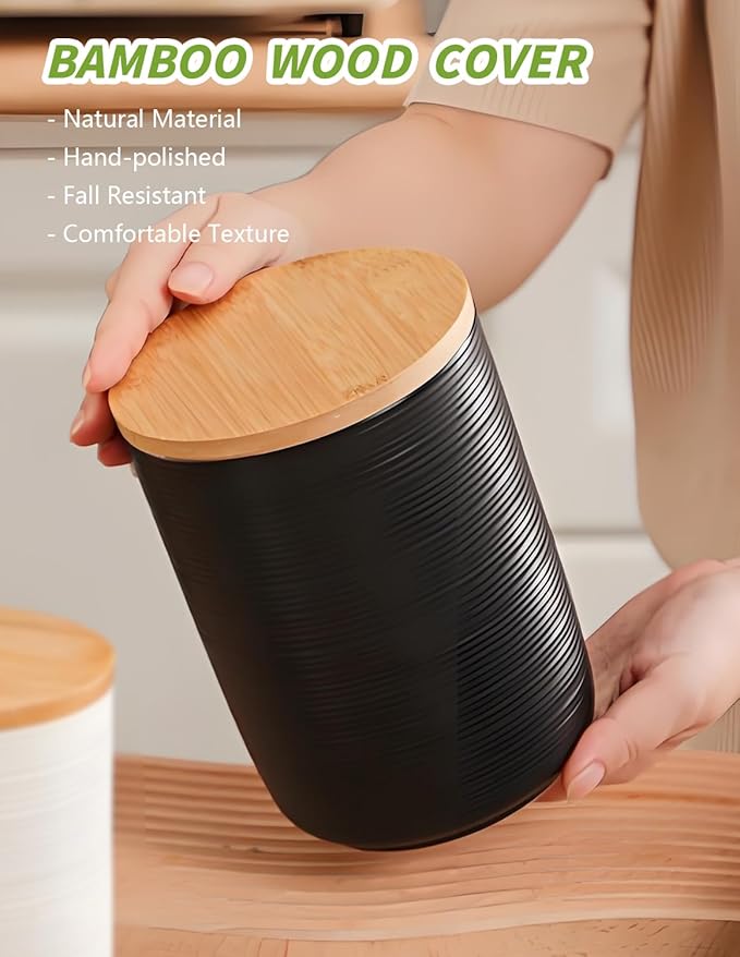 Ceramic Canister with Airtight Seal Lid, Kitchen Canisters for Countertop, Black Food Storage Jar for Flour, Coffee Bean, Sugar, Tea, Spices and More, Home Decor (260ml/8.79oz)