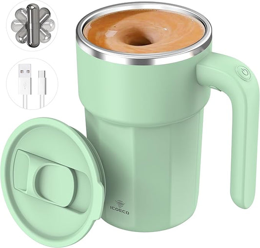 Self Stirring Coffee Mug, 12oz Rechargeable Magnetic Mixing Cup, 316 Stainless Steel Electric Stirring Cup with Lid & Handle for Coffee, Cocoa, Matcha, Creamer, Mushroom Coffee(Matcha Green)
