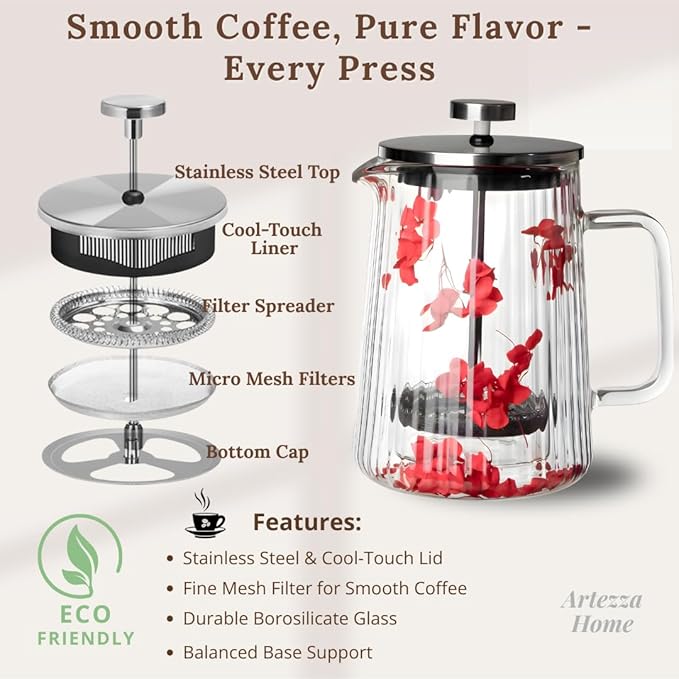 Glass French Press Coffee Maker 22oz (Red Floral) – Double-Wall Borosilicate Ribbed Coffee Press with Stainless Steel Filter, Manual Coffee Brewer & Tea Press
