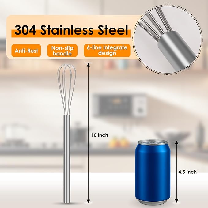HOTEC 10 Inch Mini Whisk, Anti-Rust 304 Stainless Steel Small Whisks for Cooking, Baking, Mixing Ingredients & Deep Containers