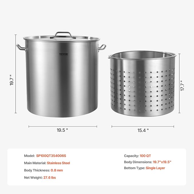 VEVOR Stainless Steel Stockpot, 100 Quart Large Cooking Pots, Cookware Sauce Pot with Basket, Lid, and Handle, Heavy Duty Commercial Grade Stock Pot, Sanding Treatment, for Large Groups Events Silver