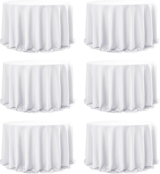 6-Pack White Round Tablecloths, 132 Inches, Stain-Resistant Polyester for 6-8 Ft Round Tables - Washable Table Covers for Weddings, Banquets, Birthday Parties, Events
