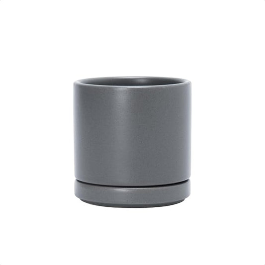 D'vine Dev 3.5 Inch Ceramic Planter Pot with Drainage Hole and Saucer, Indoor Cylinder Round Planter Pot, Speckled Grey, 94-O-A-3