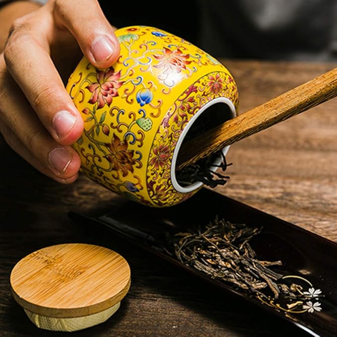 Cabilock Ceramic Tea Canister with Airtight Wood Lid Vintage Chinese Style Tea Storage Jars Traditional Tea Tins Cans Tea 230ML for Kitchen Spice Tea Coffee Condiment Yellow