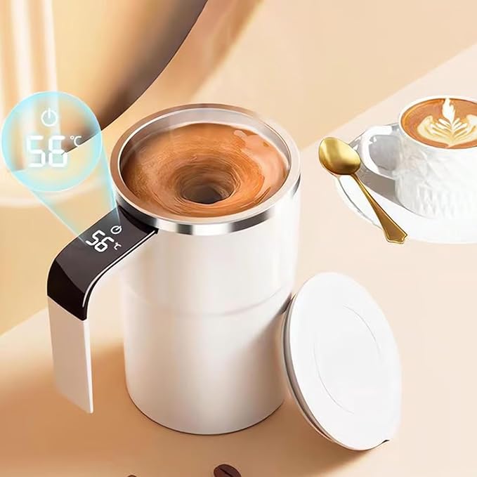Intelligent Coffee Cup with Lid, 12oz Electric Magnetic Stirring Mug, Automatic Self Stirring Mug (White)