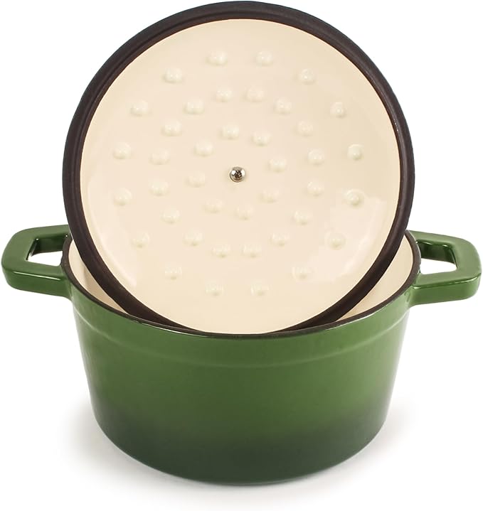 BergHOFF Neo 4Pc Enameled Cast Iron Cookware Set, Grill Pan 11 inches, Fry Pan 10 inches, 3qt. Dutch Oven, Matching Lid, Fast, Evenly Heat, Oven Safe (Green)