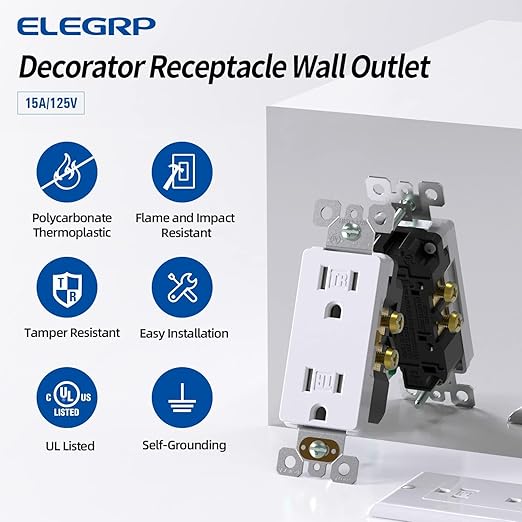 ELEGRP Decorator Wall Receptacle Outlet, Tamper Resistant 15 Amp Standard Electrical Wall Outlet, Residential Grade, Self-grounding, 125V, 2 Pole 3 Wire, 5-15R, UL Listed, Glossy White, 5 Pack