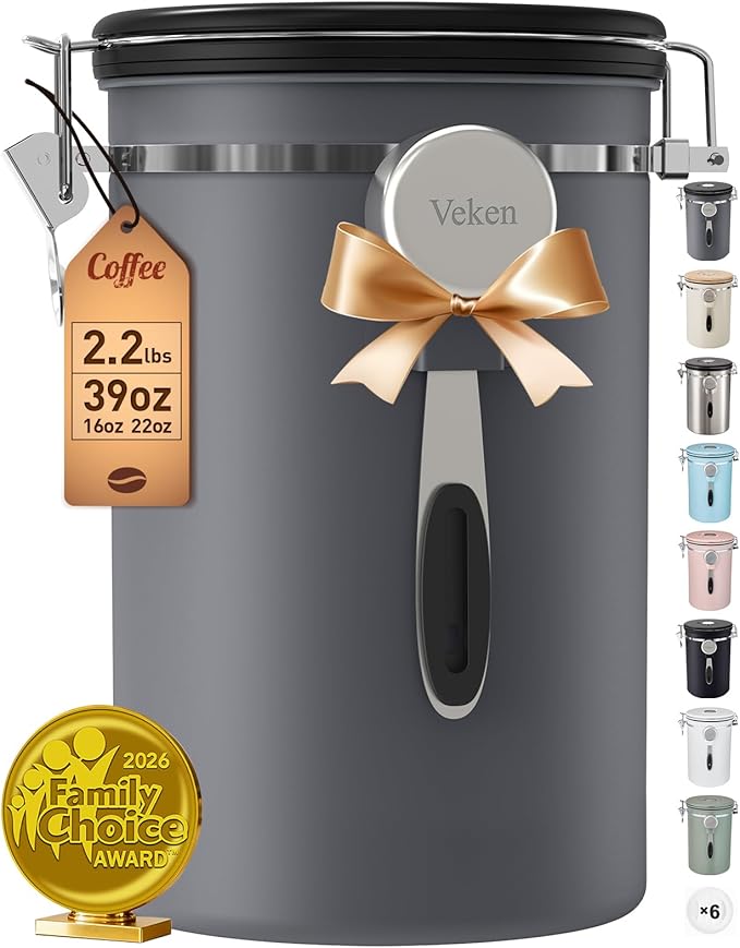 Veken Coffee Canister, 39OZ Large, Airtight Stainless Steel Food Storage Container for 2.2lbs Coffee Beans,Ground, Sugar,Espresso,Rice,Tea,Flour, Cookie, Jars,Home Kitchen Bar Accessories, Gifts,Gray