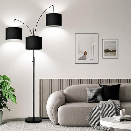 Dimmable Floor Lamp, 3 Light Arc Floor Lamp, Modern Tall Standing Tree Lamp with Black Shades & Heavy Base, 3000LM Cool White LED Bulbs, Bright Lighting for Living Room, Bedroom, Office & Reading