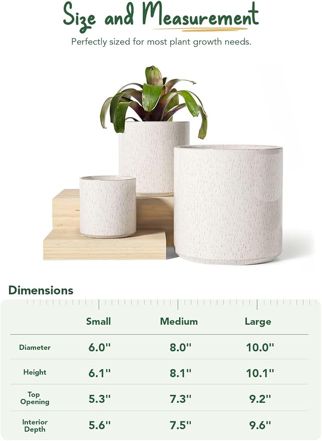 LE TAUCI 10+8+6 Inch Ceramic Pots for Plants, Indoor Planters with Drainage Hole and Plug, Modern Cylinder Flower Pots Set of 3 for Living Room and Bedroom, Glossy, Linen Birch