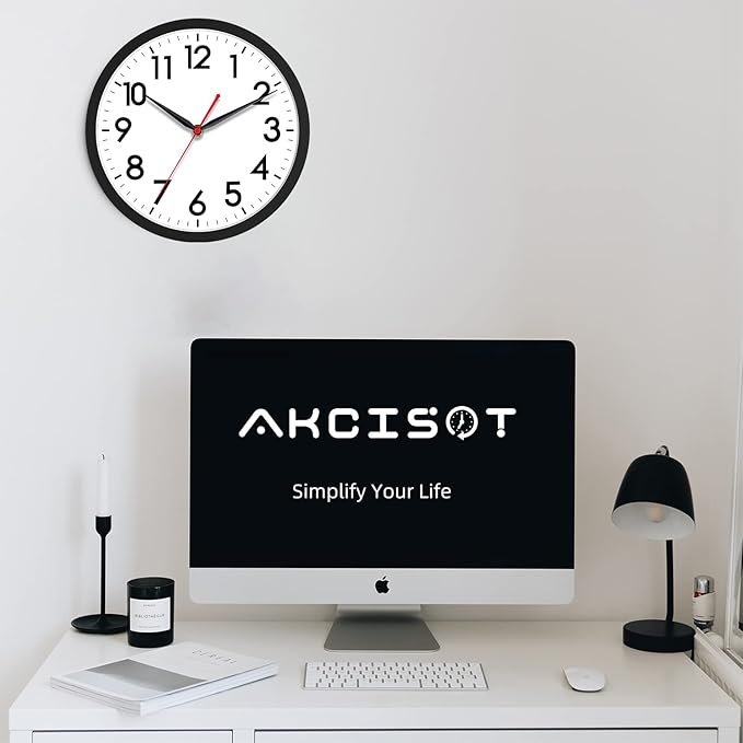 AKCISOT 12 Inch Wall Clock, Battery Operated Analog Clock, Silent Non-Ticking, Ideal for Bedroom, Bathroom, Kitchen, Office and School, Black