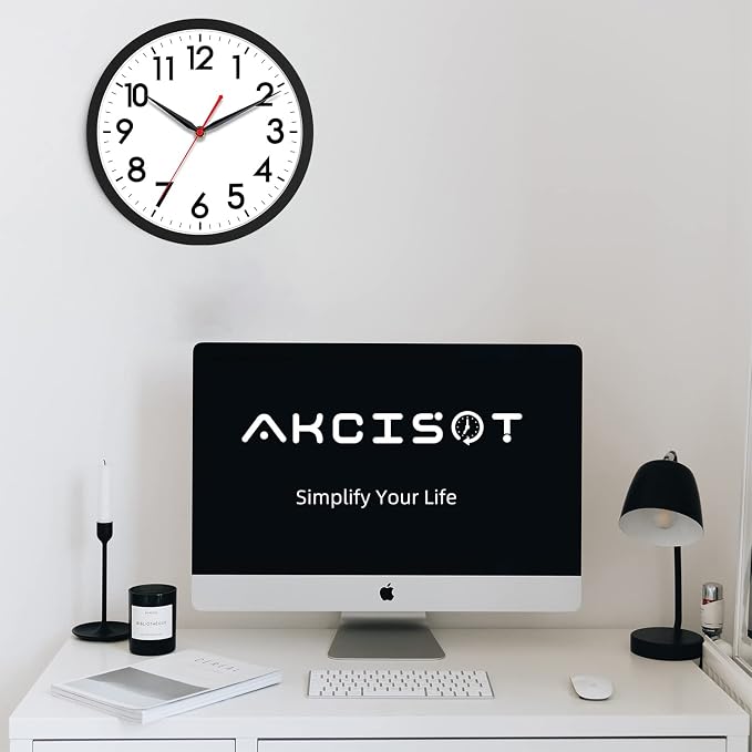 AKCISOT 10 Inch Wall Clock, Battery Operated Analog Clock, Silent Non-Ticking, Ideal for Bedroom, Bathroom, Kitchen, Office and School, Black