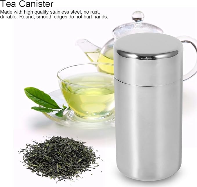 Tea Canister, 18.59oz Loose Leaf Tea Storage, Airtight Double Lids Containers for Loose Teas, 304 Stainless Steel Teas Tins Canisters for Camping, Adventure, 3.0x5.9in