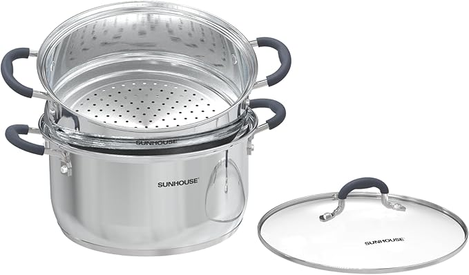 SUNHOUSE 3.1 QT Stainless Steel Steamer Pot for Cooking Vegetables | Steaming Pot with Glass Lid & Steamer Basket - 2 Tier Tri-ply Stovetop Steamer For Vegetable, Veggie - Induction Compatible
