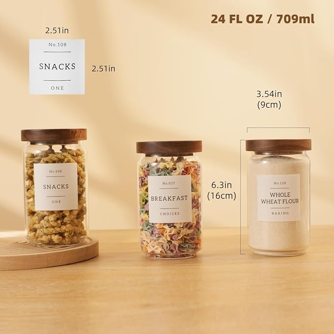 6 Pack Glass Canisters with Airtight Acacia Lids and 132 Kitchen Pantey Labels Preprint - 24 Fl Oz Borosilicate Glass Pantry Storage Jars Containers with Wooden Lids for Tea,Sugar,Cookie,Coffee,Candy