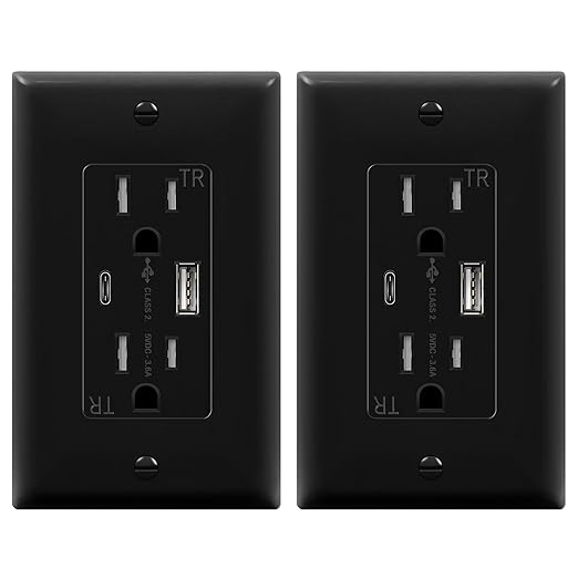 TOPGREENER 2-Port USB Outlet, Type C USB Wall Outlet, 15 Amp Tamper Resistant Receptacle Plug, USB Outlets Receptacles, Wall Plate Included, UL Listed, TU21536AC-BK-2PCS, Black, 2 Pack