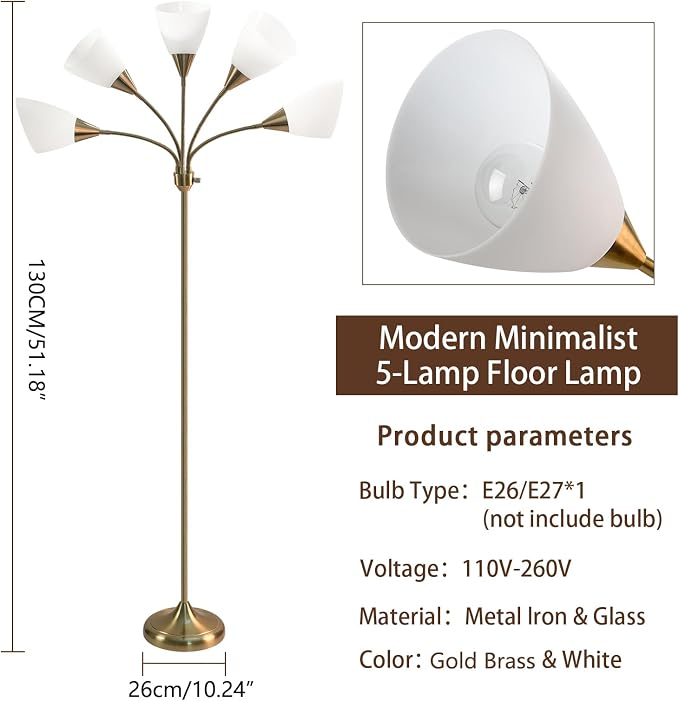 HonoDing Medusa Floor Lamps Standing Lamps 5 Heads Adjustable Reading Light Large Shade Use E26 A19 Bulb Floor Lamps for Living Room Bedroom (Gold Brass)