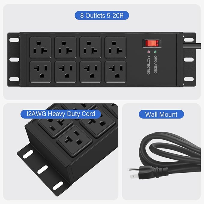 CCCEI Heavy Duty Power Strip Surge Protector 20 AMP Switch, 12 Gauge Extension Cord with Multiple Outlets, Industrial, Shop, Garage High Amp Wall Mount Electric Extender. 15FT, Black.