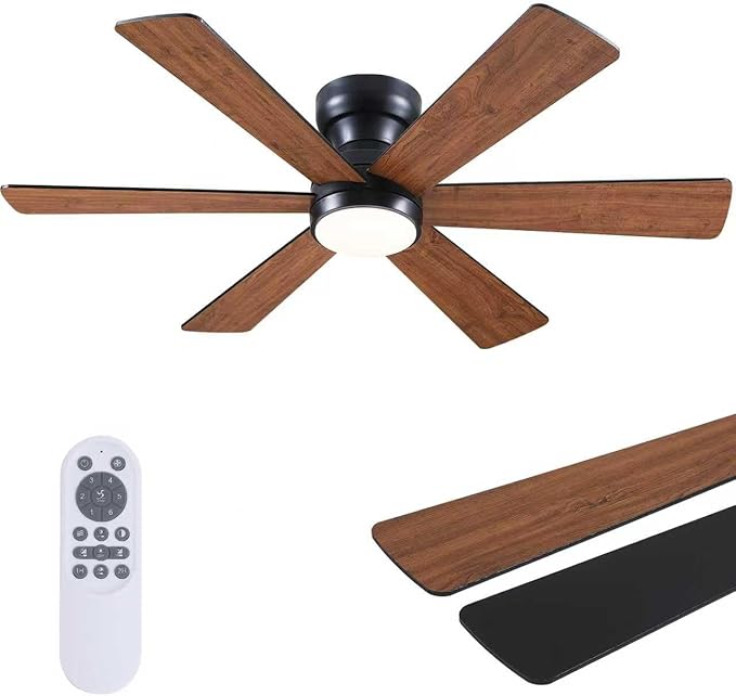 Asyko 46" Brown Low Profile Ceiling Fans with Lights and Remote, Modern Indoor Ceiling Fan Light with Quiet Reversible DC Motor, Flush Mount Ceiling Fans with Dimmable LED for Bedroom Kitchen