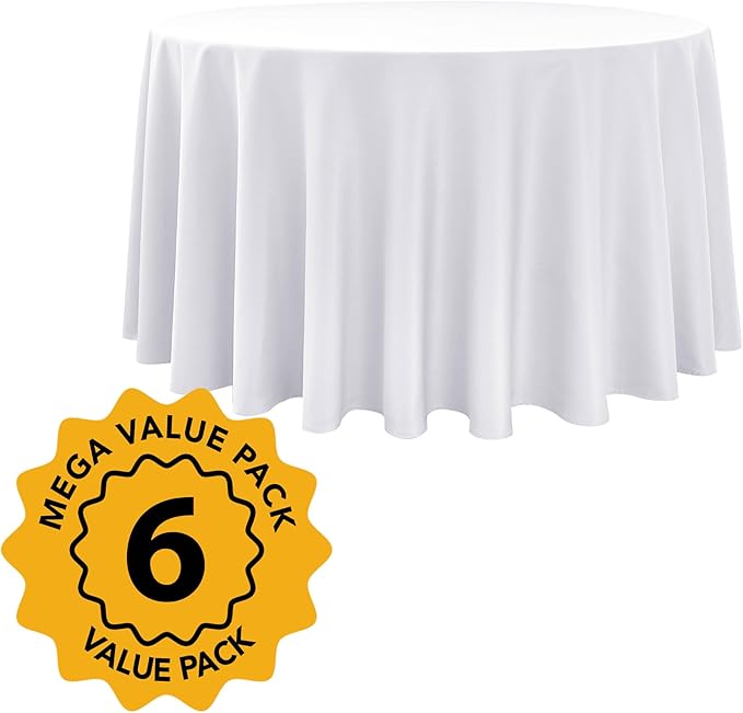 6-Pack White Round Tablecloths, 108 Inches, Stain-Resistant Polyester for 4-5 Ft Round Tables - Washable Table Covers for Weddings, Banquets, Birthday Parties, Events