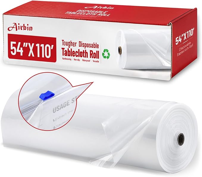 Plastic Table Cloth, 110 Ft X 54 in Disposable Tablecloth White Tablecloth Premium PEVA Plastic Table Cloth Disposable with Any Cut Sliding Cutters for Picnics, Parties, Birthdays, Weddings