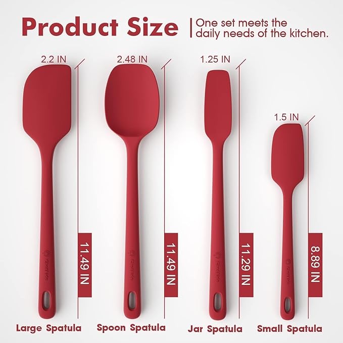 ChefAide 4 Pieces Silicone Spatula Set, Food Grade Rubber Spatula, Upgrade Strong Handle with Ergonomic Grip, Heat Resistant for Nonstick Cookware, Cooking