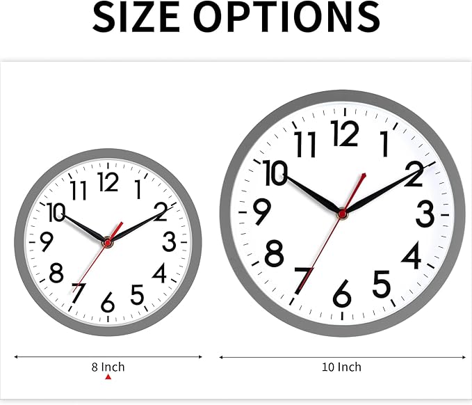 AKCISOT 8 Inch Wall Clock, Battery Operated Analog Clock, Silent Non-Ticking, Ideal for Bedroom, Bathroom, Kitchen, Office and School, Gray