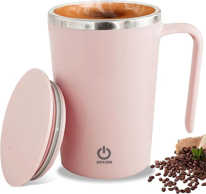 Electric Self Stirring Mug 1200mAh Rechargeable Automatic Mixing Mug Stainless Steel Magnetic Stirring Cup Reusable Self Mixing Coffee Cup Portable Auto Stirring Mug for Home Office Coffee Milk(Pink)