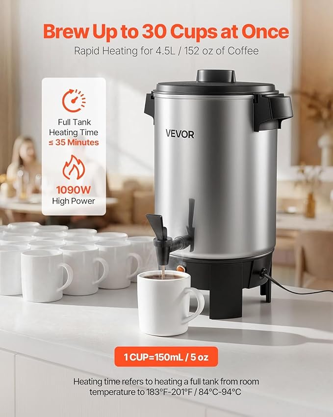 VEVOR Commercial Coffee Urn, 30 Cup 4.5 L Hot Beverage Dispenser with Dripless Faucet, Quick-Brewing Commercial Coffee Maker, Automatic Temperature Control, for Catering, Party, Church & Restaurant