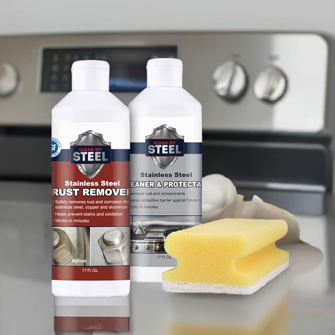 CLEAN MY STEEL Stainless Steel Rust Remover and Protector Kit, NSF Certified, 17 oz, Includes B570 Rust Remover, B580 Cleaner and Protector, Sponge and Gloves
