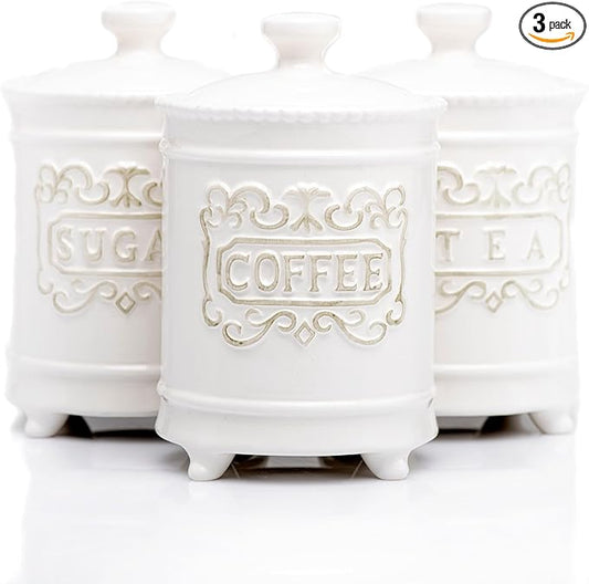 25DOL 35 Ounce Elegant Ceramic Kitchen Canisters Set of 3 - Beautifully Engraved Coffee Tea Sugar Storage Containers Airtight with Feet for Added Style and Stability - Ceramic Jar with Airtight Lid