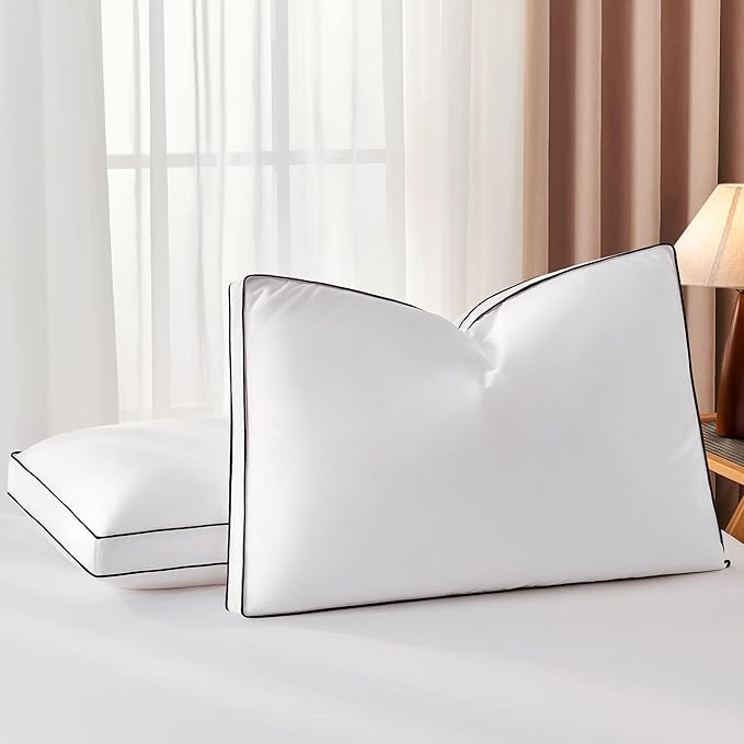 DOWNSTORIA Goose Feather Down Queen Bed Pillows 2 Pack, Luxury Hotel Collection Pillows Set of 2 with Gusset, Down Surrounded Pillow for Side and Back Sleepers, Gusseted Fluffy Pillows 20x30 in.