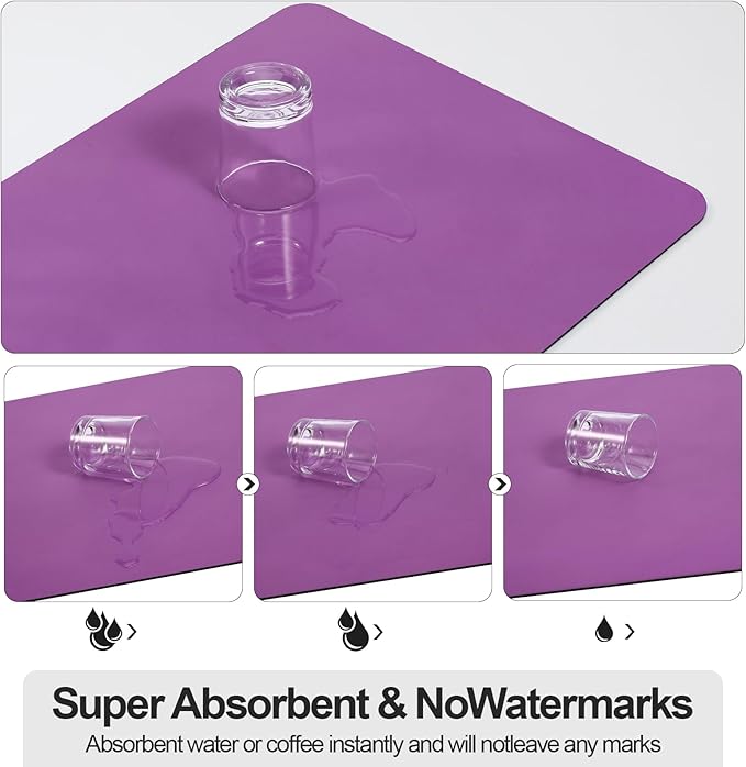 Ecotrim Absorbent Coffee Mat , Stain Hiding PU Leather Surface, Non-Slip Natural Rubber Backing, Quick Dry Mat for Espresso Machine, Kitchen Counter ,Purple | 12" x 19"