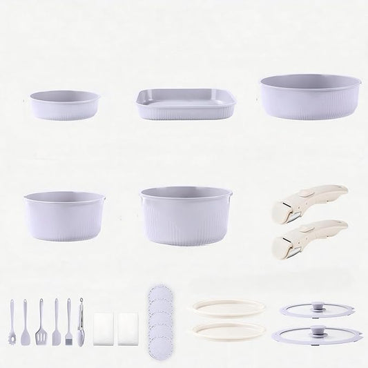 24-Piece Non-Stick Cookware Set with Stackable Storage, Kitchen Collection Including 8-10 Inch Skillets, Casserole Dish, Removable Handle, Utensils, Silicone Mat, Storage Lid (Purple)