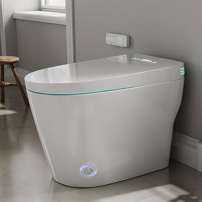 Smart Toilet with Bidet Built In ADA Height 17.7", One Piece Tankless Bidet Toilet with Auto Open Close, Foam Shield, Voice Control Modern Elongated Toilet with Heated Seat, Warm Water & Dryer