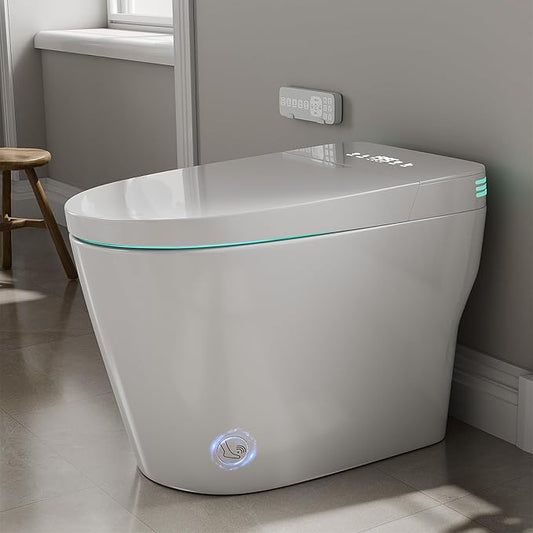 Smart Toilet with Bidet Built In ADA Height 17.7", One Piece Tankless Bidet Toilet with Auto Open Close, Foam Shield, Voice Control Modern Elongated Toilet with Heated Seat, Warm Water & Dryer