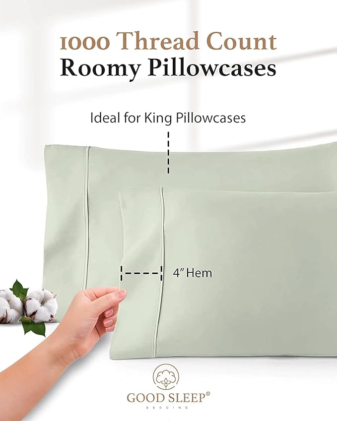 1000 TC Sage King Pillowcases Set of 2 100% Egyptian Cotton Pillow Cases with Long Staple Cotton & Sateen Weave, Silky Soft Hotel - Like Bed Pillow Covers for Comfy Sleeping, Snug Fit
